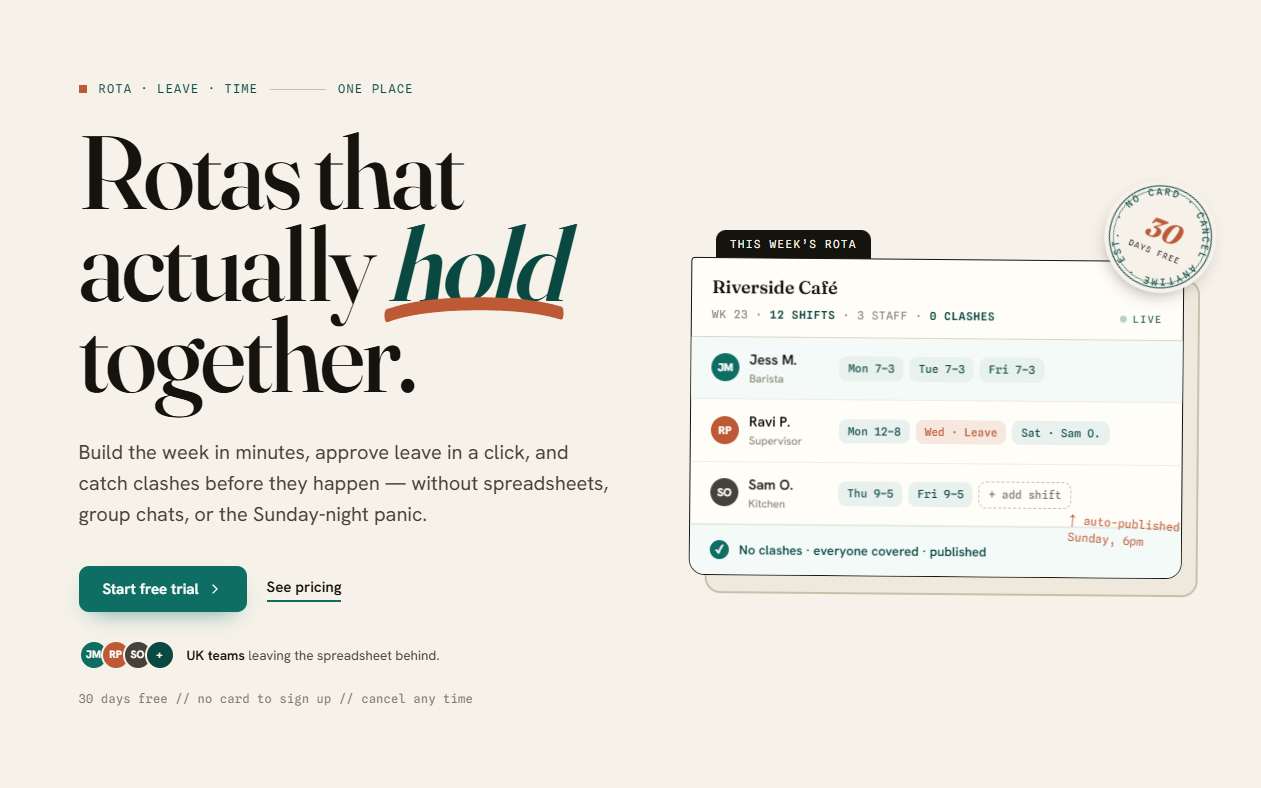ShiftDesk homepage — staff rota and leave management software